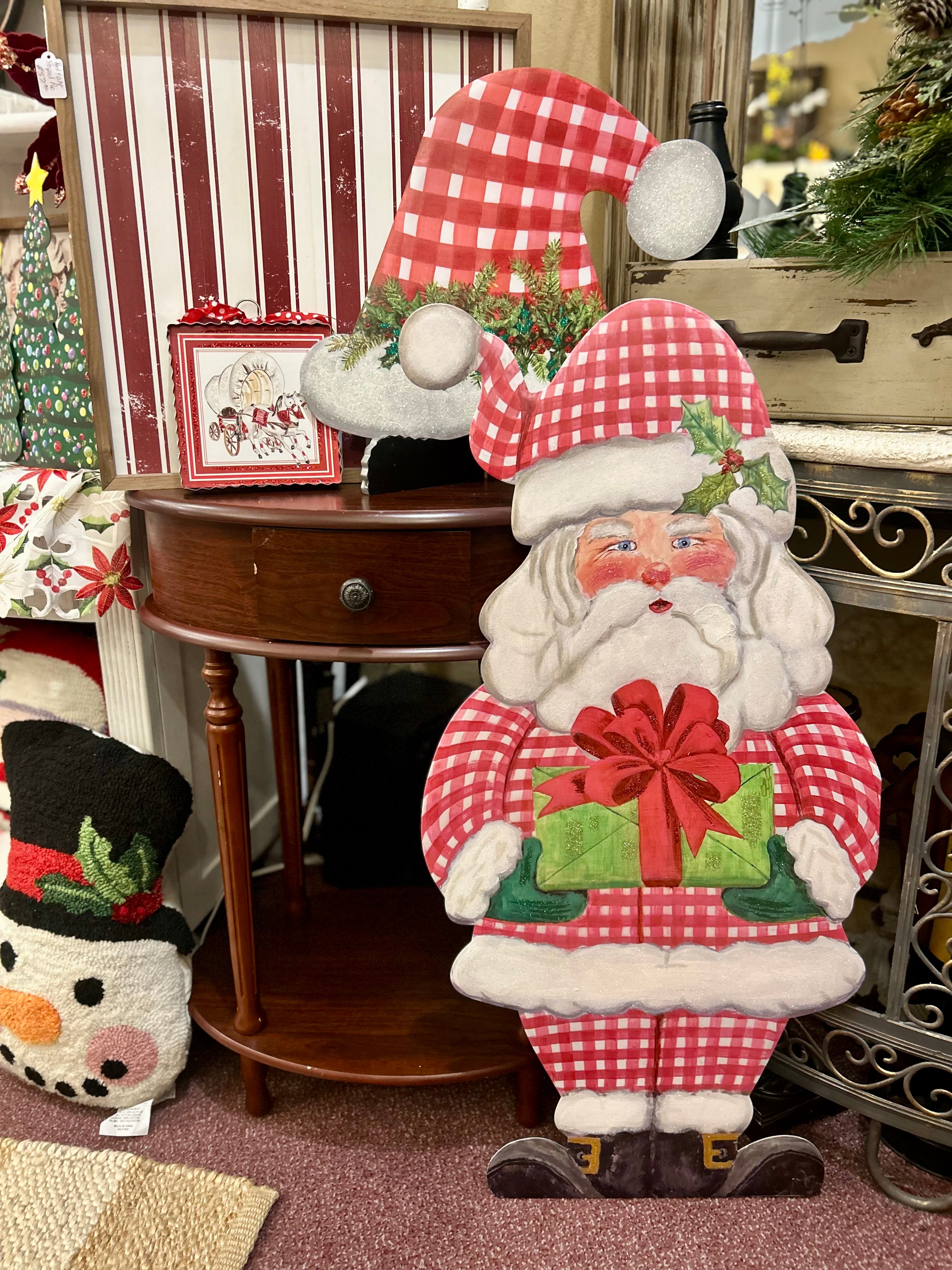 Large Santa Claus Red White Checkered Pattern with attached easel Outdoor Metal
