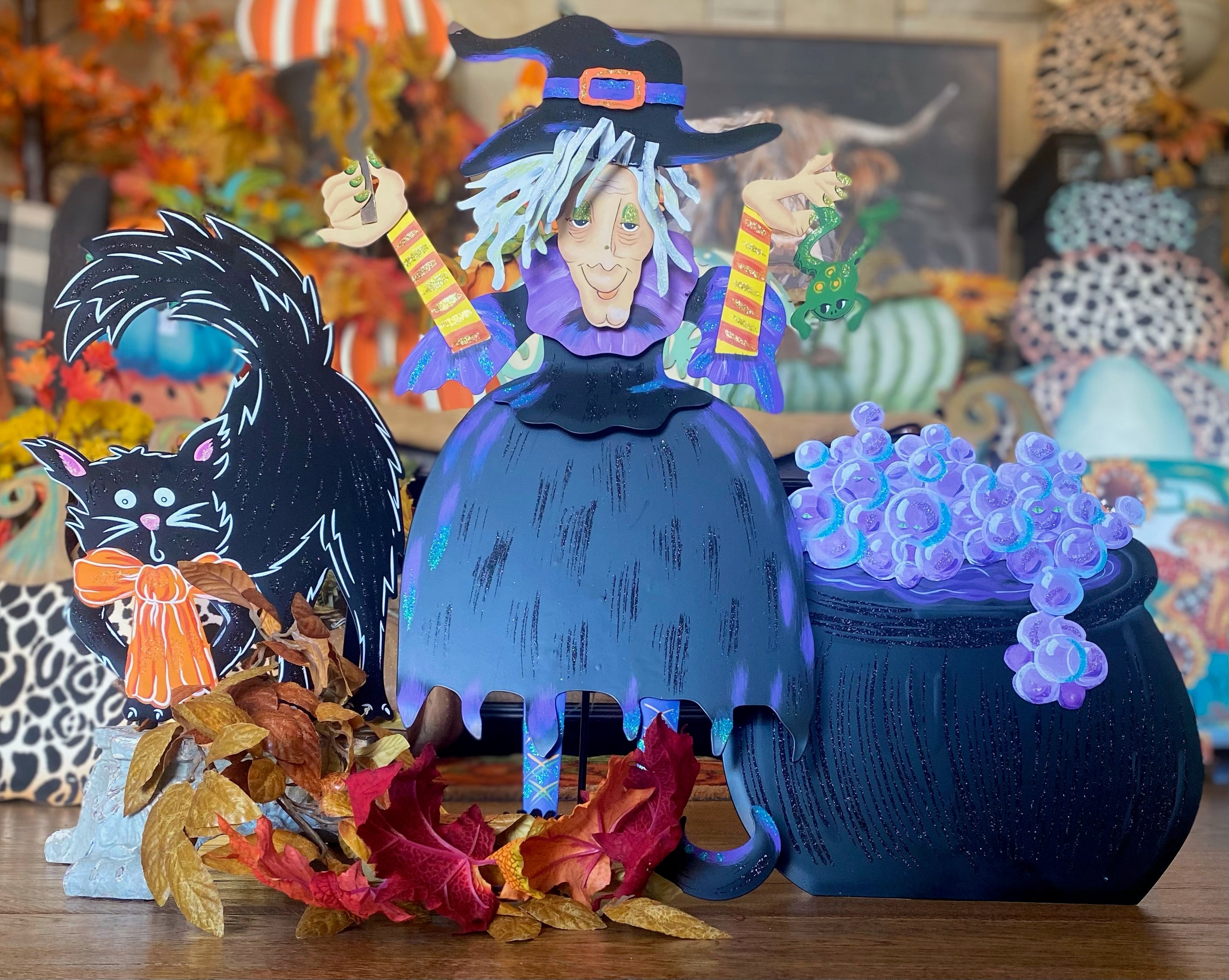 Small Tillie the Witch In Black, Purple, Orange, and Yellow with her Frog Roundtop Collection
