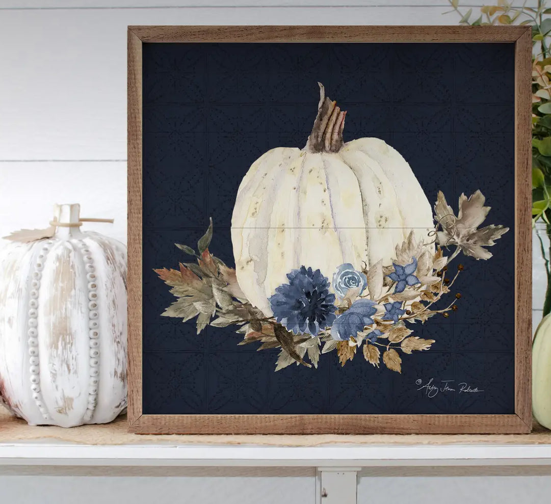 Fall Navy Blue, White Pumpkin, & Brown Fall Leaves Picture with Wood Frame