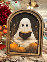 Load image into Gallery viewer, Halloween Arch Wood Frame Ghost Picture in Pumpkin Patch 8”x6”
