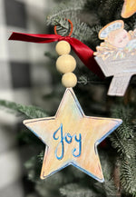 Load image into Gallery viewer, Set of 2 Beaded Metal Baby Jesus &amp; Joy Ornaments
