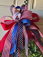 Load image into Gallery viewer, Americana: Red, White, and Blue Stars Bow Ric Rac and Polka Dots
