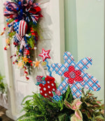 Load image into Gallery viewer, Americana: Set of 2 Red, White, and Blue Plaid Flower Metal Stake Sign
