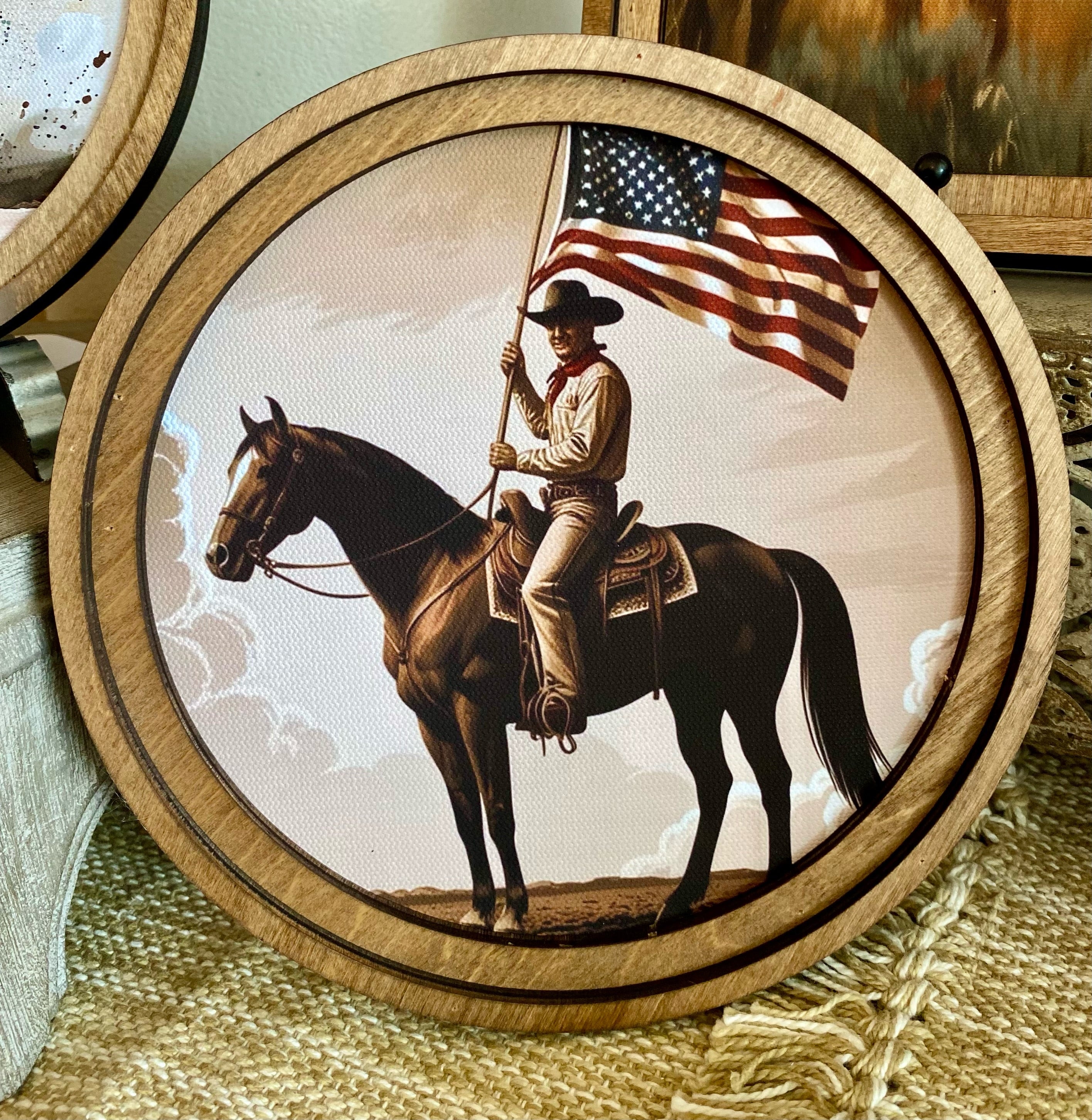 Cowboy Patriotic Western Art with Wood Frame 8”x8”