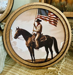 Load image into Gallery viewer, Cowboy Patriotic Western Art with Wood Frame 8”x8”
