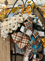 Load image into Gallery viewer, Fall White Mums Florals in Gray Basket with Large Copper, Teal, and White Bow
