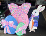 Load image into Gallery viewer, Rabbit in Periwinkle and Pink Jacket with Carrot Metal Stake
