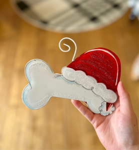 Dog Bone Santa Hat Metal Red & White Ornament