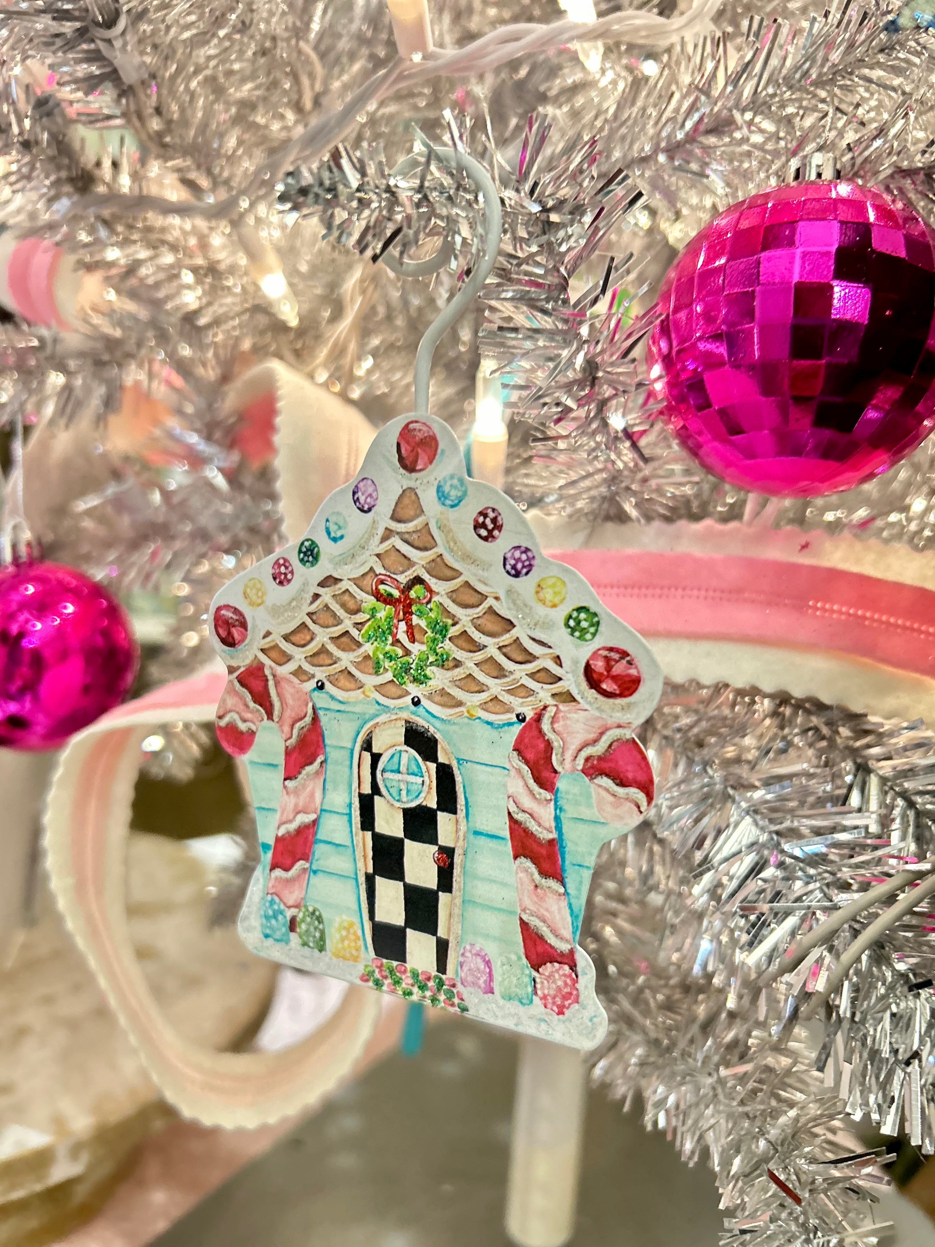 Gingerbread House Metal Ornament Checkered Pattern