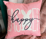 Load image into Gallery viewer, Happy Easter Pink Easter Pillow with Bunny in Background
