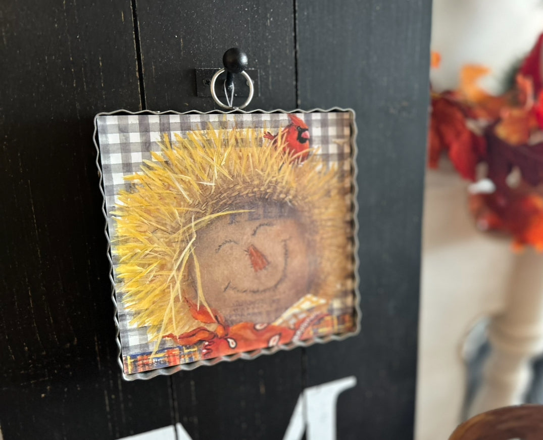 Fall Straw Smiling Scarecrow Mini Print with Galvanized Frame