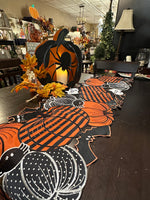 Load image into Gallery viewer, Halloween Orange &amp; Black Table Runner 69” Pumpkins, Bats, Spiders Black Cat Pattern

