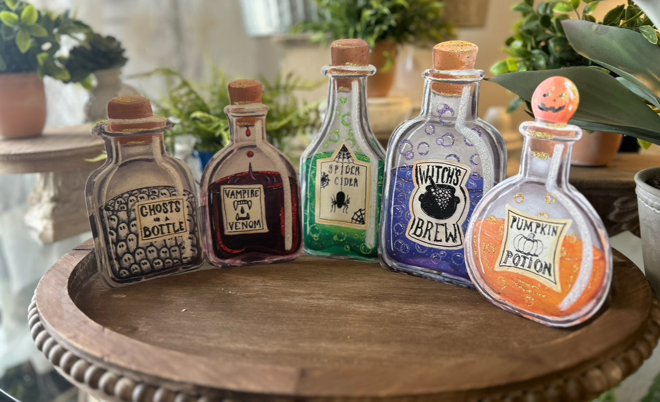 Halloween Potion Bottles Metal Stakes with Easels Black, Purple, Orange, and Yellow with her Frog Roundtop Collection