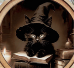 Load image into Gallery viewer, Black Cat with Witch Hat and Spell Book 8” Round Framed Picture
