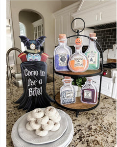 Halloween Potion Bottles Metal Stakes with Easels Black, Purple, Orange, and Yellow with her Frog Roundtop Collection