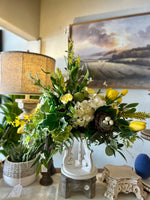 Load image into Gallery viewer, Yellow, White, and Mixed Greenery Birds Nest Arrangement
