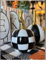 Load image into Gallery viewer, Black &amp; White Checkered Pumpkin With Gold Stem
