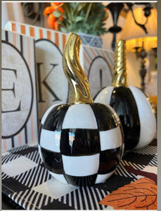 Black & White Checkered Pumpkin With Gold Stem