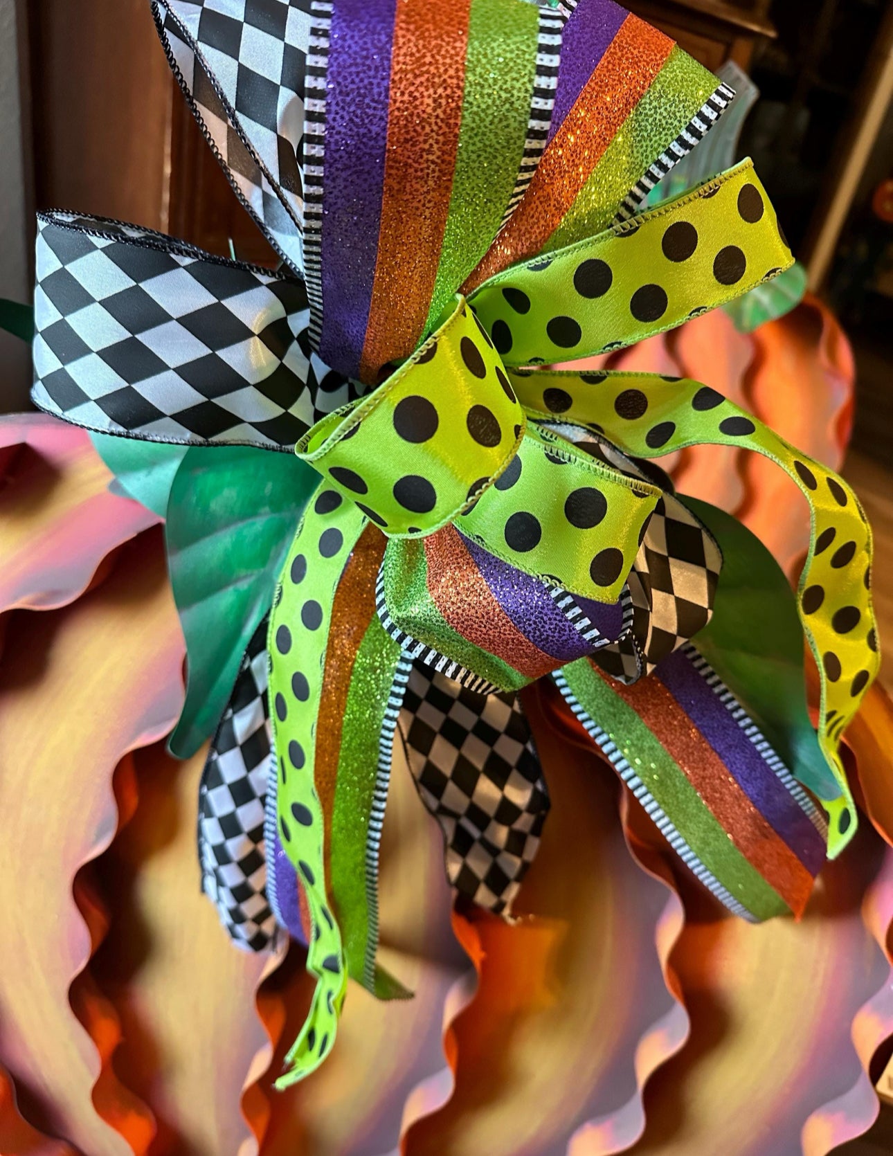 (4) Option Bows: Whimsical Custom Bows Harlequin Black, White, Bright Green, Pink Pumpkin, Stripe Ribbon, Purple, Orange