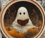Load image into Gallery viewer, Halloween Wood Frame Ghost Picture in Pumpkin Patch 8” Dia
