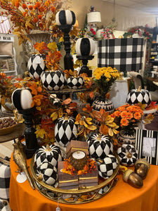 Ceramic Black & White Harlequin Pumpkin (3) Sizes with Gold Stem, Black and White
