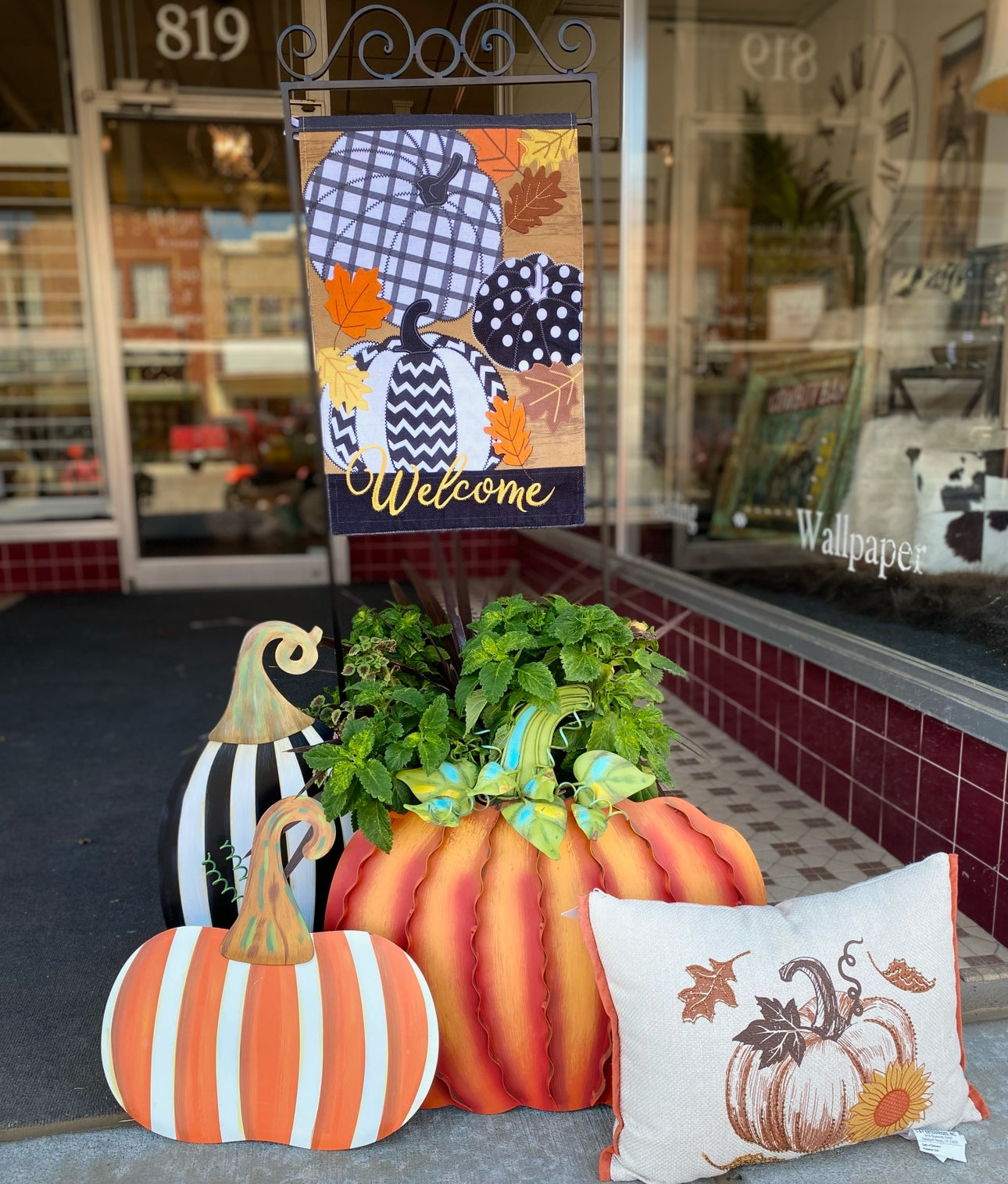 Orange & White Stripe Metal Pumpkin Yard Stake