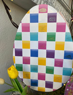 Load image into Gallery viewer, Checkered Metal Egg Easter Outdoor Stakes in Pink, White and Blue
