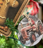 Load image into Gallery viewer, Santa on Tractor Round 4” Wood Ornament Christmas Decor

