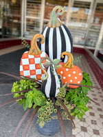 Load image into Gallery viewer, Set of 3 Pumpkins and 1 Tall Gourd Black &amp; White Stripe Metal Stake
