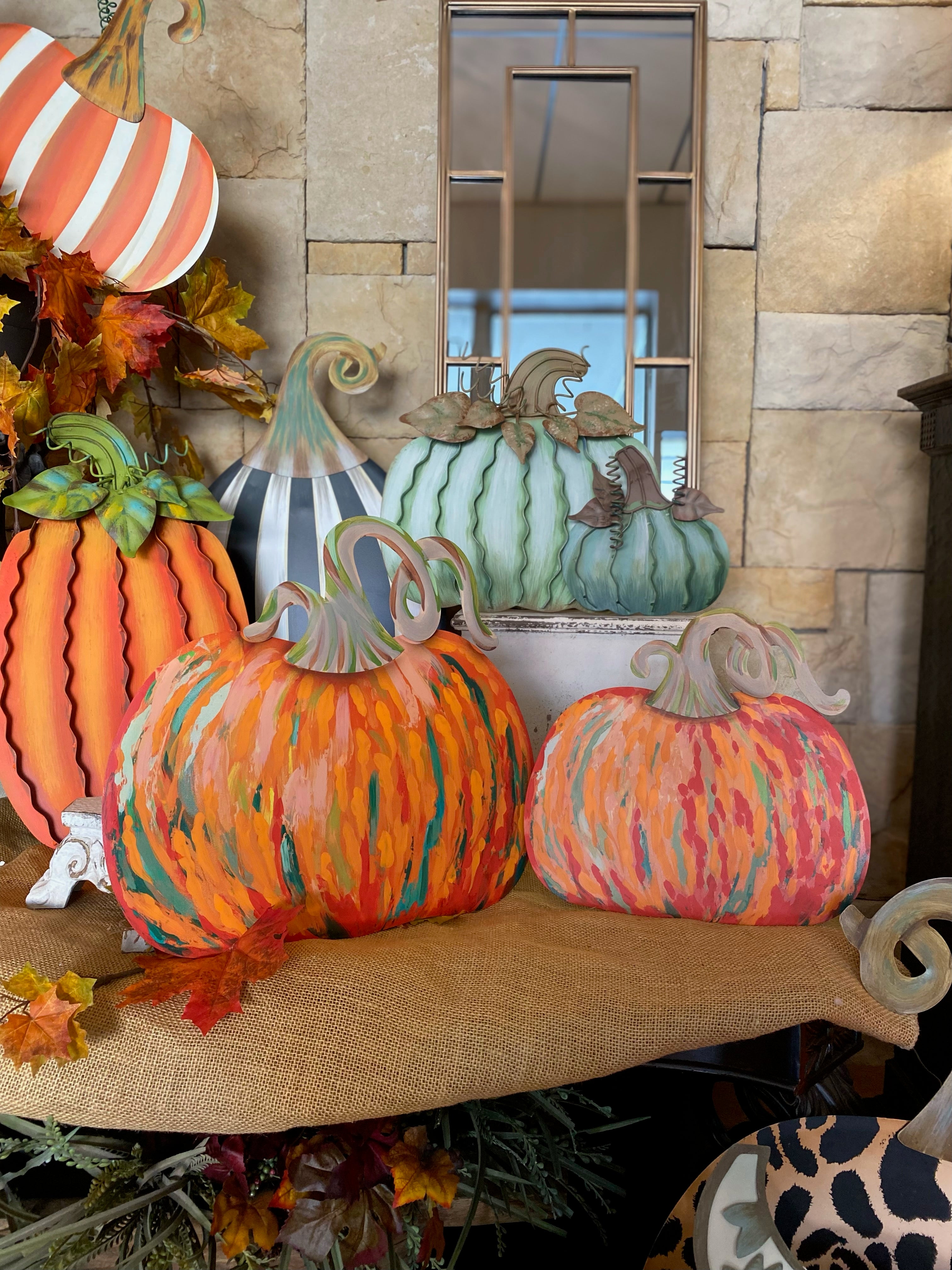 Artful Orange and Green Pumpkins Set of 2 Metal Stakes