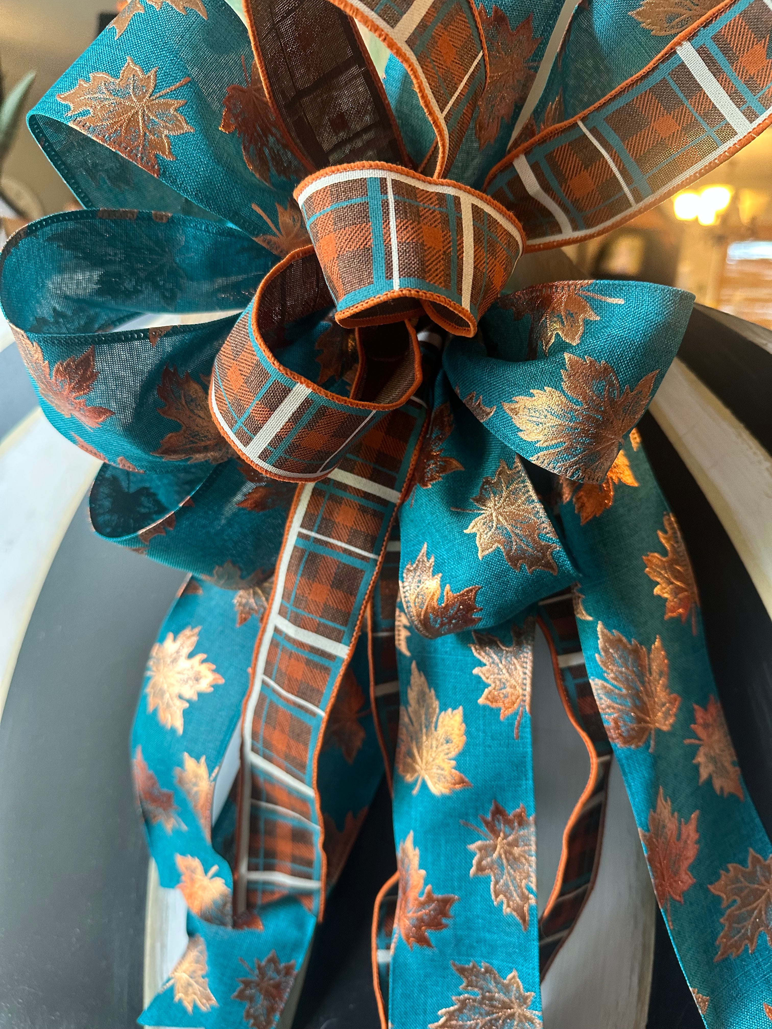 Fall Teal Copper Bow Leaves and Plaid Patterns