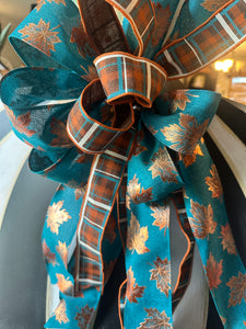 Fall Teal Copper Bow Leaves and Plaid Patterns