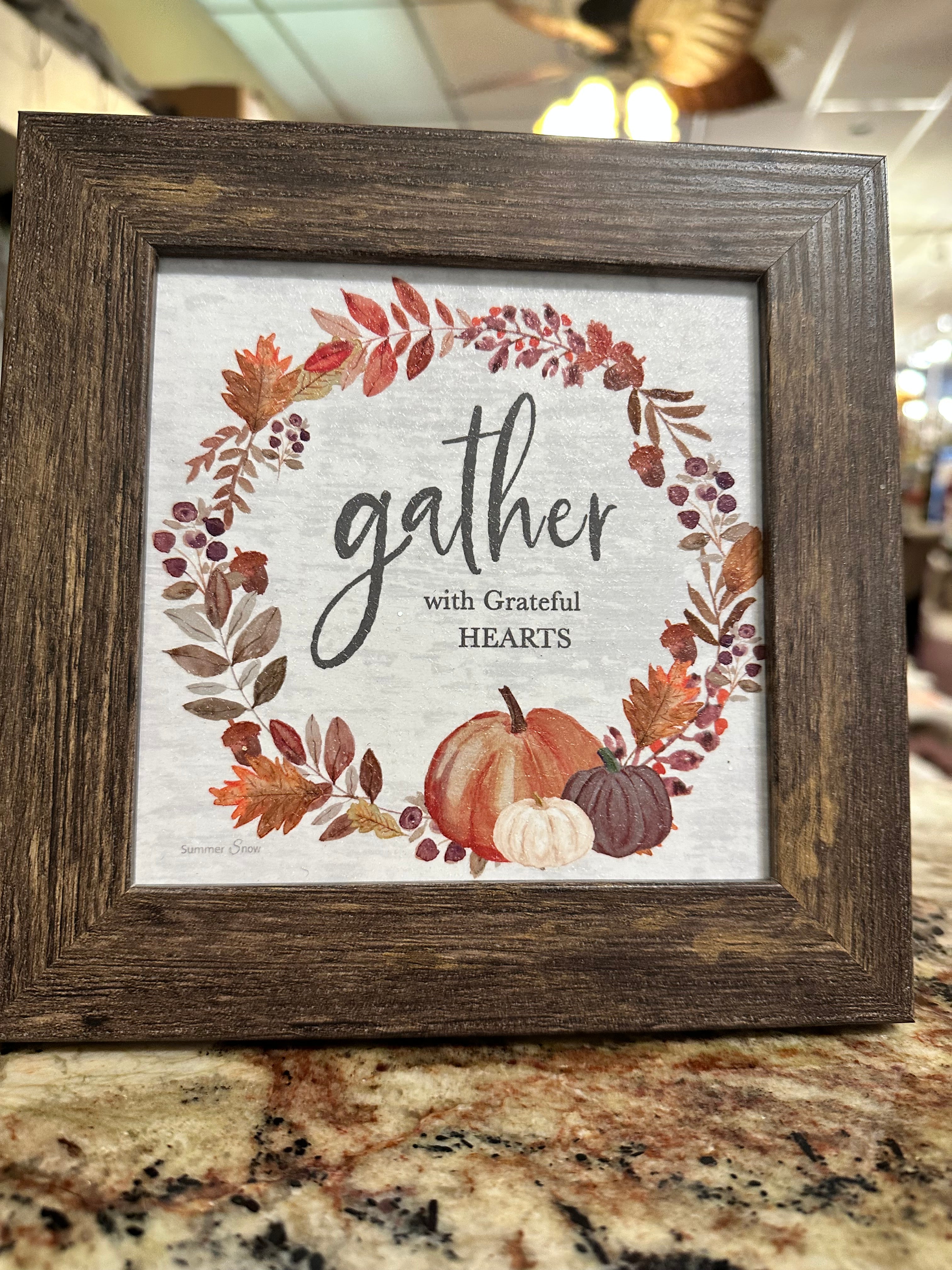 Gather with Grateful Hearts Fall Pumpkin Wood Framed Shimmering Picture