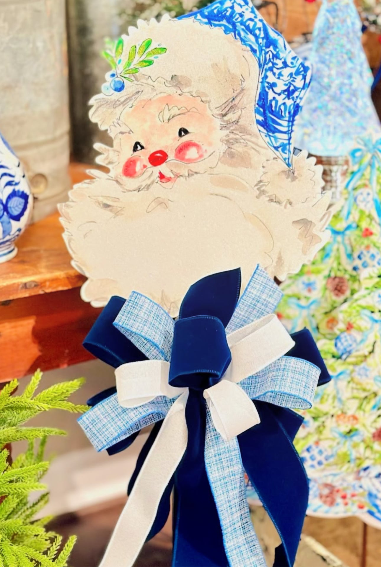 Blue and White Santa Metal Outdoor/Indoor Stake Christmas