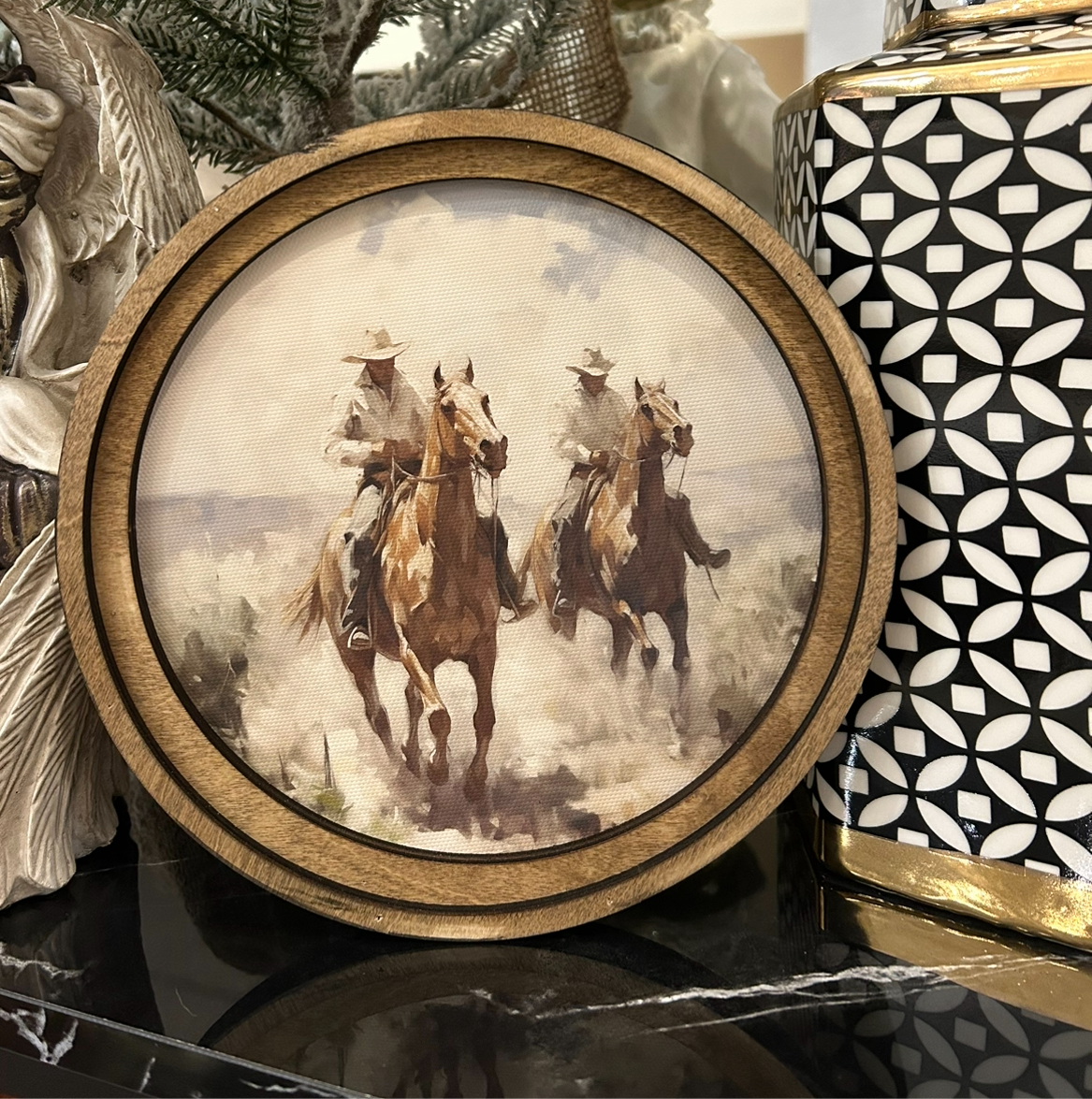 Cowboys Western Art with Wood Frame 8”x8”