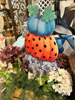 Load image into Gallery viewer, Pumpkins Topiary Stack Blue, Gray Floral, Orange Polka Dots Metal Stake
