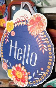 Hello Blue Background Door Hanger with Bordering Orange & Yellow Flowers