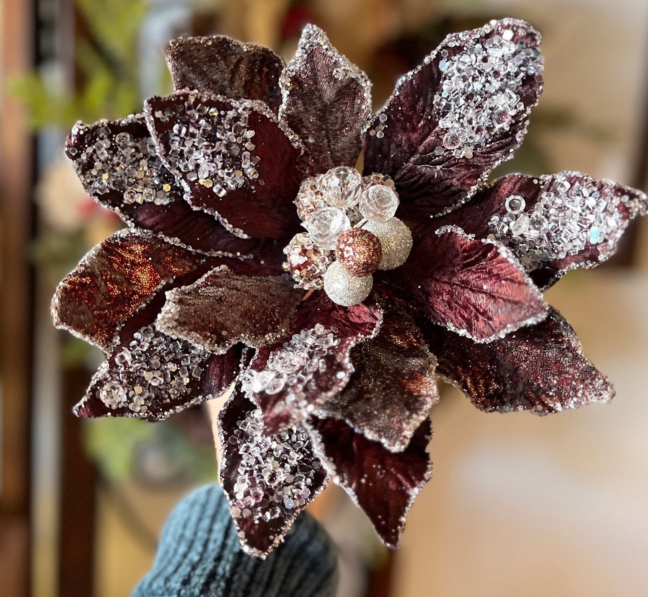 Copper Wine Glam Velvet Poinsettia with Sequins