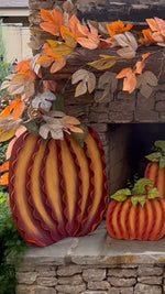 Load image into Gallery viewer, Large Cream or Orange Pumpkins Set of 2 Large Ribbon Pumpkins with Metal Stake and Easels
