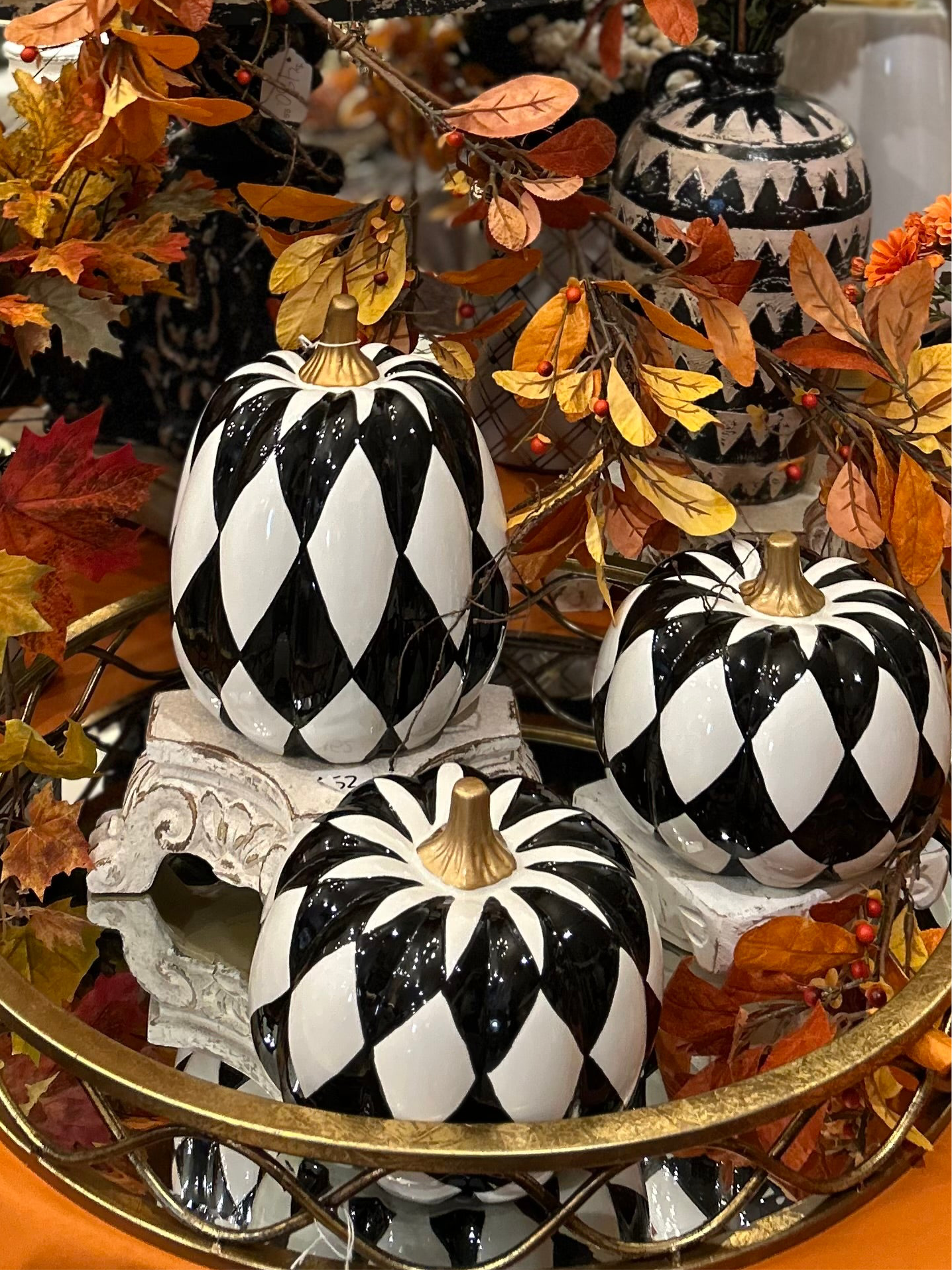 Ceramic Black & White Harlequin Pumpkin (3) Sizes with Gold Stem, Black and White