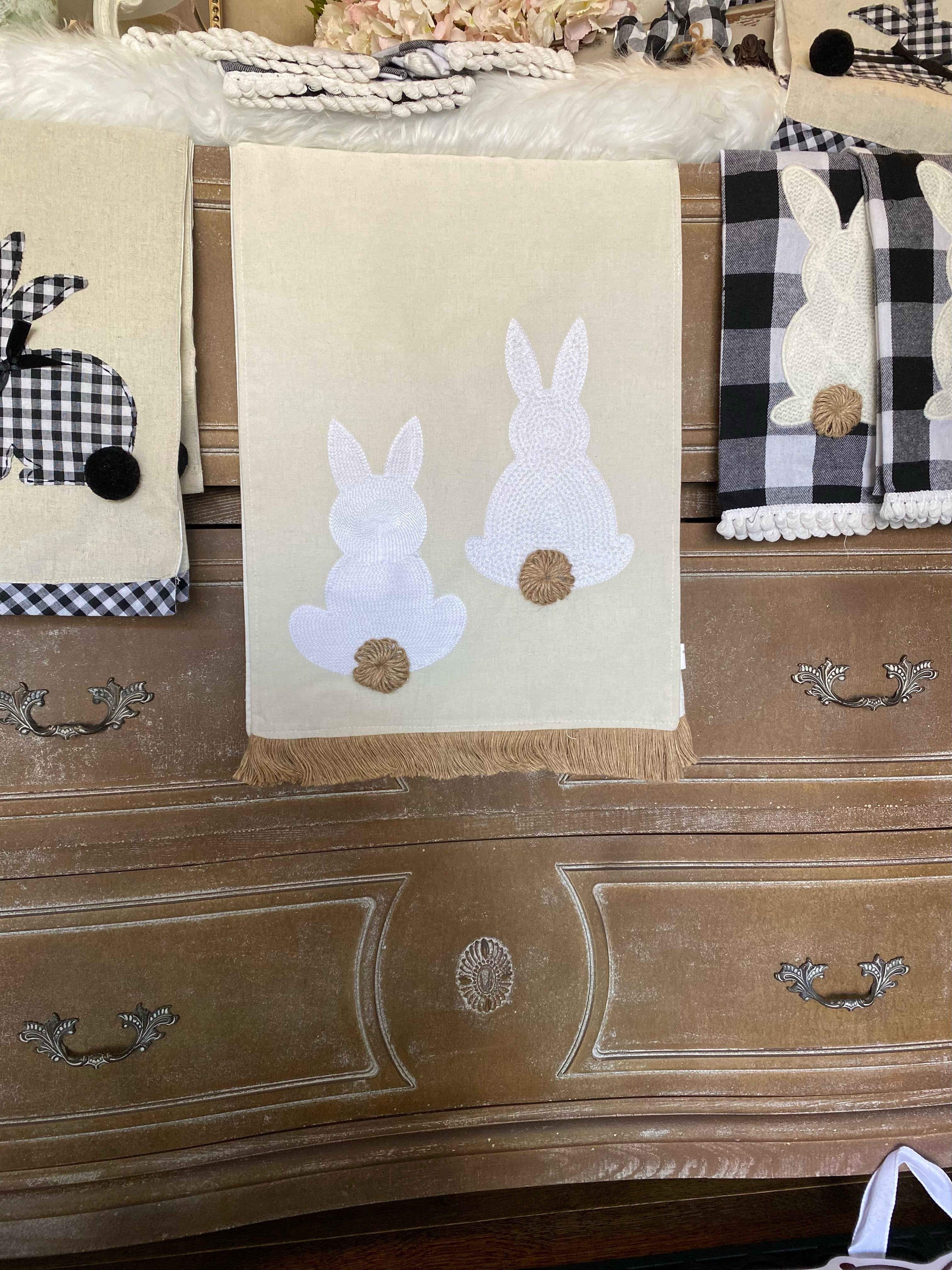 Linen Look Emroidered Fringed Bunny Table Runner