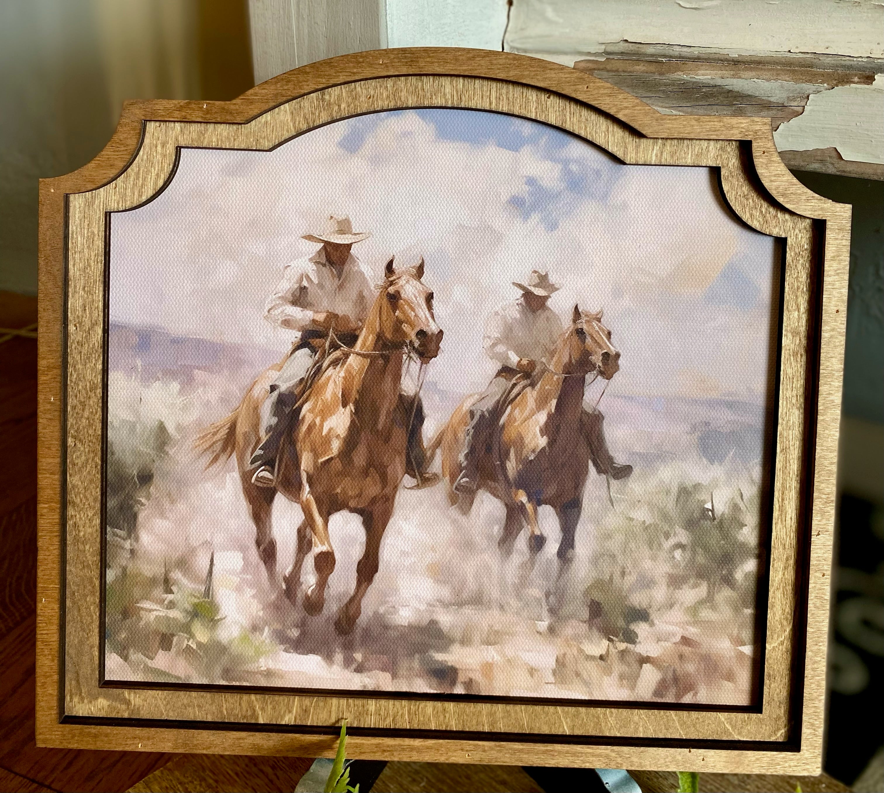 Cowboys Riding Western Art Large Design with Wood Frame 9”x10”