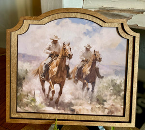 Cowboys Riding Western Art Large Design with Wood Frame 9”x10”