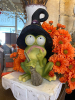 Load image into Gallery viewer, Phoebe the Frog with Black Witch Hat Spider and Holding Broom
