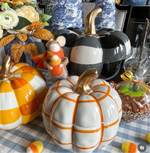 Load image into Gallery viewer, Candy Corn Colored Buffalo Check Pumpkin with Gold Stem
