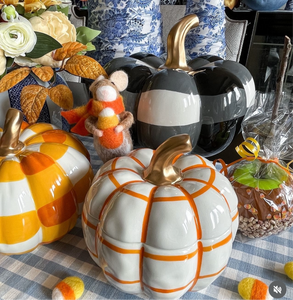 Candy Corn Colored Buffalo Check Pumpkin with Gold Stem