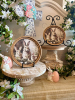 Load image into Gallery viewer, Round Wooden Framed Bunnies Art Picture Easter Spring
