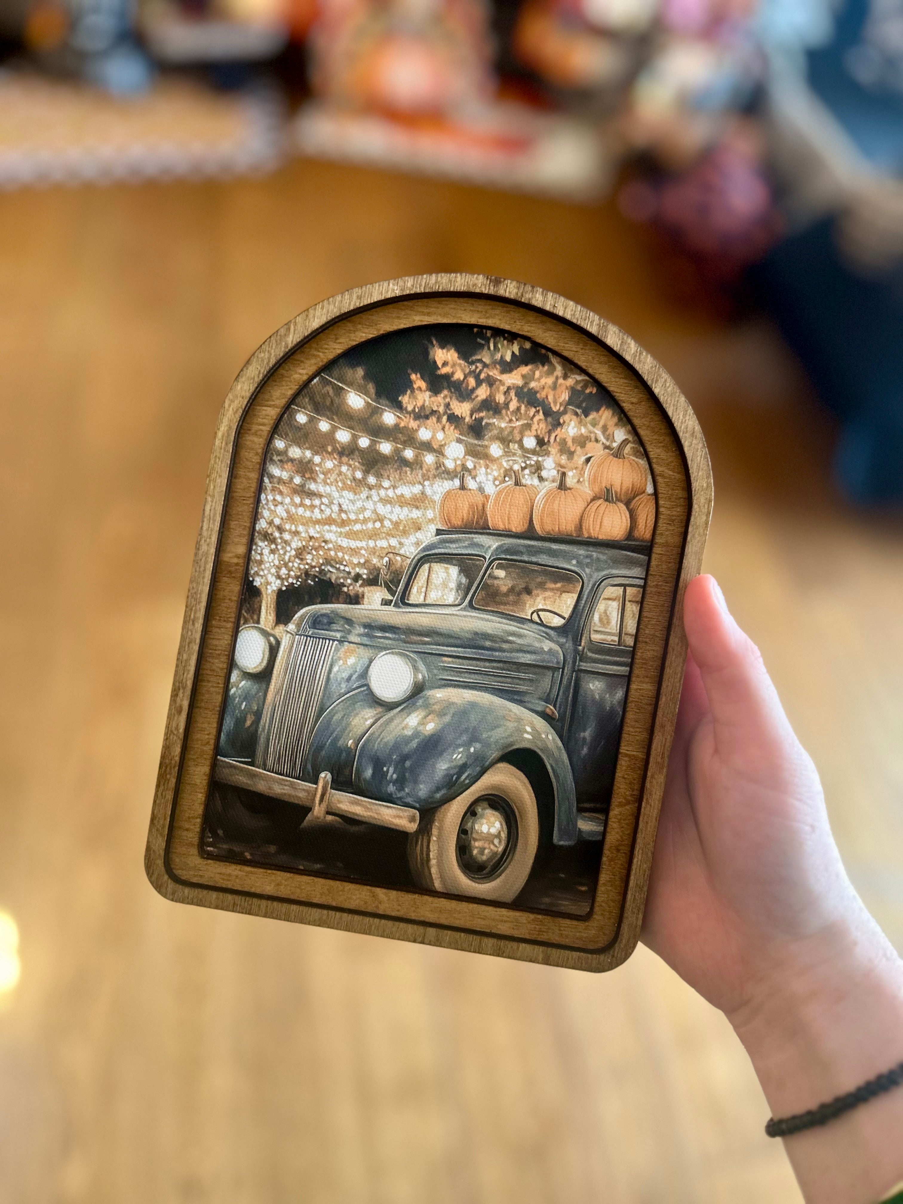 Fall Blue Farm Truck Hauling Harvest Pumpkins Wood Frame Picture Arch Top