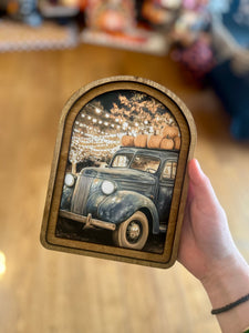 Fall Blue Farm Truck Hauling Harvest Pumpkins Wood Frame Picture Arch Top