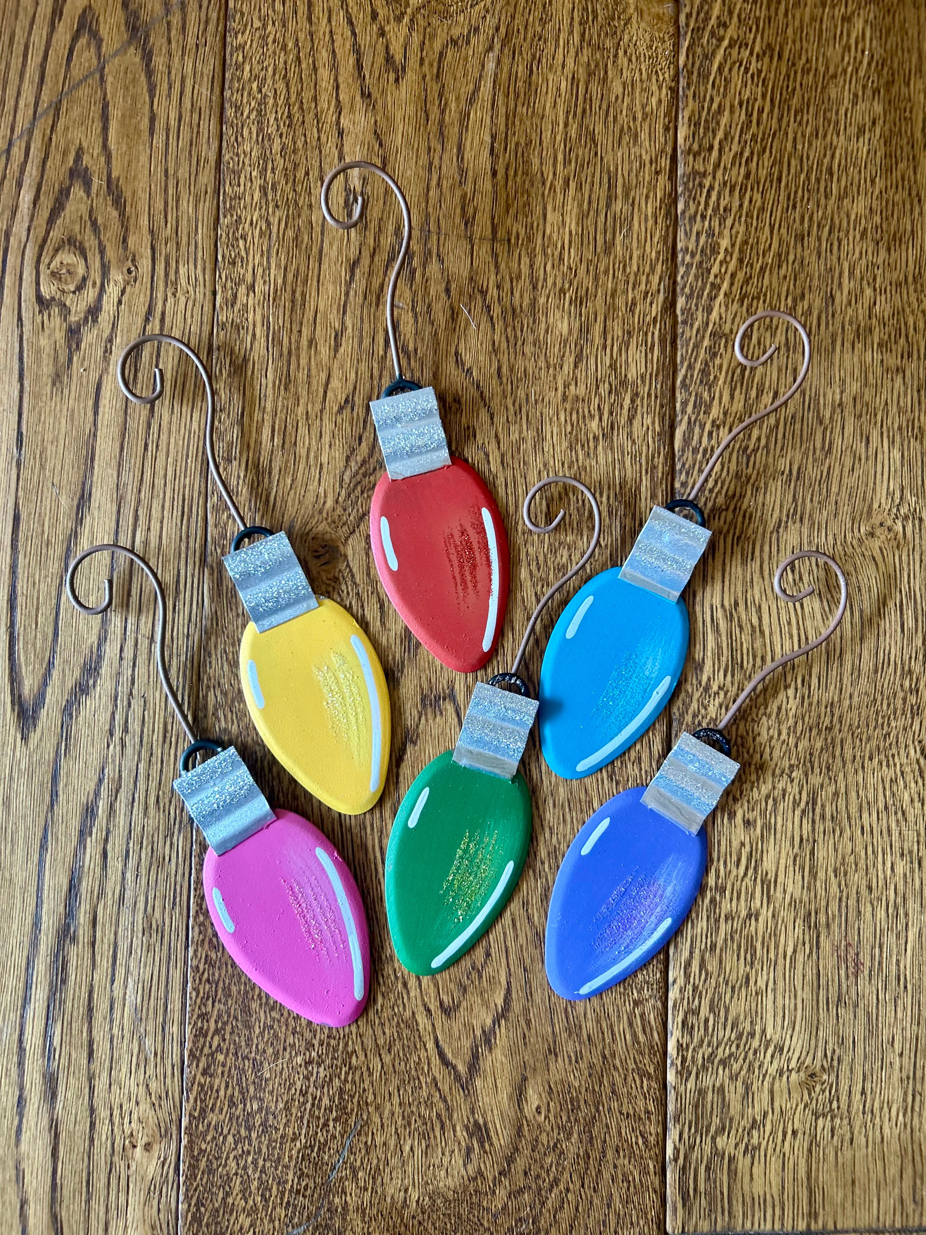 Set of 6 Vintage Bulbs Metal Ornaments with Attached Hooks